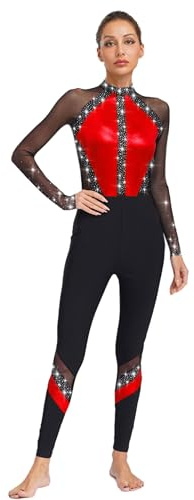 Shinsto Women's Long Sleeve Unitard Dance Costume Shiny Rhinestone Full Body Suits One Piece Jumpsuits Red Small