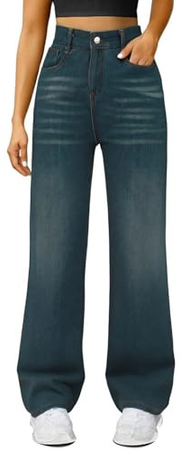 Stretchiga raka ben jeans för kvinnor UK magi formande breda ben jeans push-up rumplyft stretchbyxor hög midja avslappnad passform denim byxor med fickor ledig passform, BLÅ, S