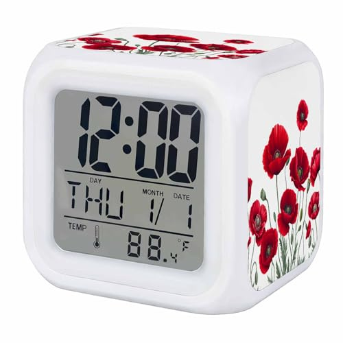 Digital Alarm Clock for Bedrooms, Spring Red Opium Poppy Flower Digital Clock with LED Display Date Temperature Snooze Function, Summer Watercolor Plant Desk Clocks for Bedside Office Living Room