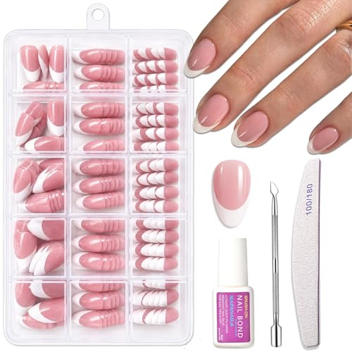 240PCS French False Nails Set - Short Press on Nails Almond - French Tip Fake nails with Glue - Oval Stick on Nails Kit - Nude Pink Acrylic Nail Tips - 15 Sizes Glue on Nails for Women DIY Manicure