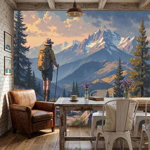 Fotomurales 200x140cm - Papel Pintado Efecto 3D Senderismo De Montaña Aventura, Papel Tapiz Fotográfico Estilo Retro Para Exteriores Fotomurales Pared Seda Decor De Pared Sala Cuarto Oficina Salón