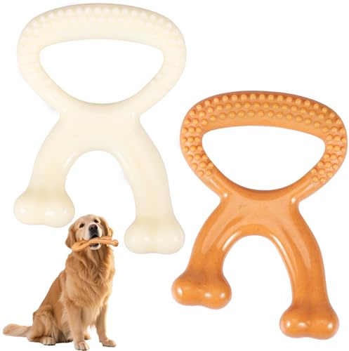 GWCYMYD 2PCS Dog Chew Toys, Robust Nylon Teething Stick, Beef Flavour Dental Care Bones for Aggressive Chewers Medium Large Puppy (Brown & White)