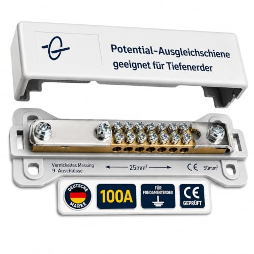 Erdungsschiene Potentialausgleichsschiene Potischiene 9-fach vernickelte Messing für Erdung und Blitzschutz, Tiefenerder, Erdungskabel und Erdungsspieß