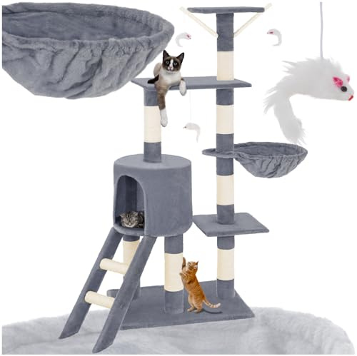 Tectake Kratzbaum für Katzen - Mittelgroßer Kletterbaum mit Sisalstangen, Hohl und Treppe - Katzenhaus 144 cm Hoch - Grau