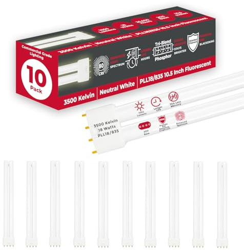 GoodBulb PLL18/835 18W 10.5 Twin Tube Compact Fluorescent Light Bulb 4-pin 2G11 Base 3500K Neutral White 1050 Lumen 36000 Hour Long Life Biax Pack of 10