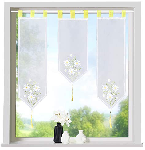 heimtexland ® Scheibengardinen Set 3-teilig Lamellen Gardine Transparent Bestickt mit Schlaufen Fensterdeko Gelb Margariten Typ710