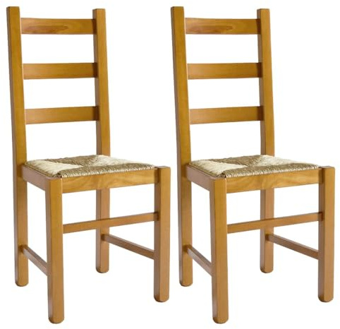 AltoBuy ORTA - Lot de 2 Chaises Teinté Chêne et Assises en Paille