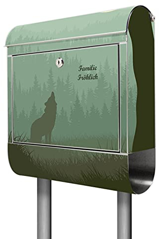 banjado® Briefkasten mit Standfuß personalisiert Motiv Heulender Wolf - Stand Briefkasten Edelstahl mit Zeitungsfach - Postbox/Postkasten A4 Einwurf inkl. Montagematerial & 2 Schlüssel