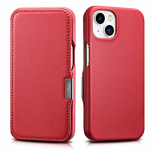 Mobiskin Hülle für iPhone 13 MINI (5,4), Case mit Leder, Rot | Handyhülle mit echtem Leder, Schutzhülle, dünne Handy-Tasche, slim Cover, Klapphülle, Etui seitlich aufklappbar