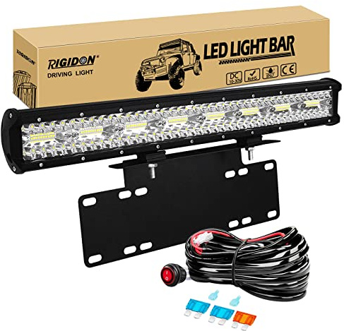 RIGIDON 8D 23 tum 58cm 480W LED-ljusbalk med 12V ledningsnät och registreringsskylthållare svart, terrängbelysning för SUV terräng ATV, lastbil, 4X4 bilfordon, 6000K vita LED-dimljus