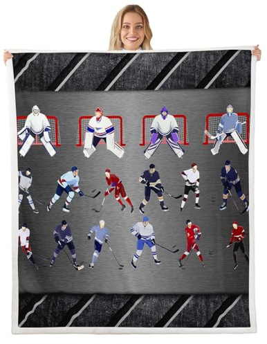 Ice Hockey Bed Blanket Kids Girls Sports Event Sherpa Blanket Soft Cozy Lightweight Hockey Player Plush Fleece Winter Sports Hockey Puck Blanket Gifts for Couch Bed Chair Office Sofa(Throw 50x60)
