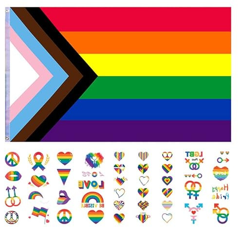 Drapeau LGBT, 150x90 cm Drapeau Arc En Ciel + 4 Feuilles Pride Autocollant, Pride Flag avec Œillets en Laiton-Tissu en Polyester-Résistant aux Intempéries-pour Décoration, Défilés de la Fierté LGBTQ