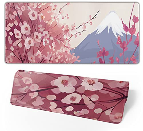 Grand tapis de souris de jeu japonais Sakura avec bords cousus - 3 mm - Pour la maison et le bureau - 80 x 30 cm - Fleurs de cerisier 2