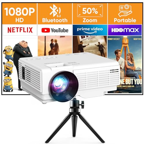 YOOYAA Mini Beamer Mit Stativ, Full HD 1080P Bluetooth Projektor, Tragbar Mit 50% Zoom, Outdoor/Heimkino für Handy, Kompatibel Mit Smartphone/HDMI/USB/Fire TV Stick