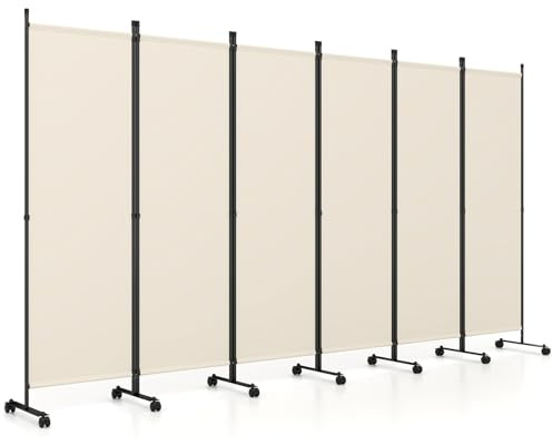 COSTWAY 334,5 x 172 cm Raumteiler auf Rollen, Paravent 6-teilig, Trennwand faltbar, aus Stoff, Sichtschutz für mehr Privatsphäre und Flexibilität (Beige)