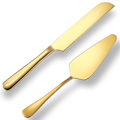 tiokin Wedding Cake Knife and Server Set Gold,2Pcs Cake Cutting Set for Wedding Include Cake Cutter and Cake Server Perfect for Wedding, Christmas, Birthday and and Events,Dishwasher Safe