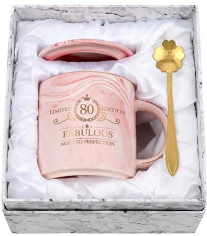 Joymaking 80. Geburtstag Geschenk für Frauen 12oz rosa Kaffeetasse mit Geschenkpackung, Geburtstagsgeschenk für Mutter Mitarbeiter Freund Chef, Kaffee Tasse für Geburtstagsgeschenk Weihnachten