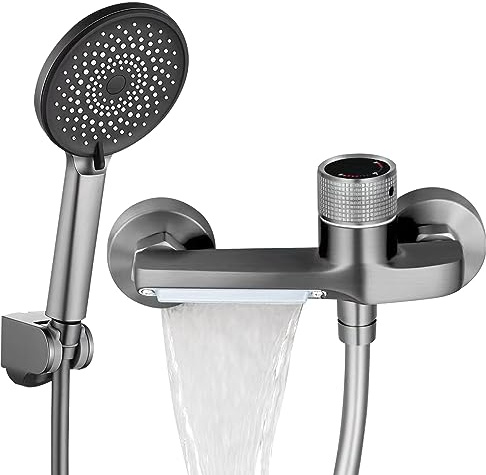 Badewannenarmatur mit Handbrause, Badewannenarmatur Wasserfall mit Brausegarnitur, aus Messing für Badewanne und Bad (Grau)