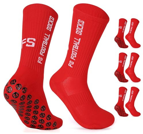 Gohanny Fußballsocken 3 Paar Rutschfeste Fußball Socken,Größen 35-39, Fussball Socken für Damen & kinder - Anti-Rutsch Grip Fußball Socken- Sportsocken Atmungsaktiv, Rot