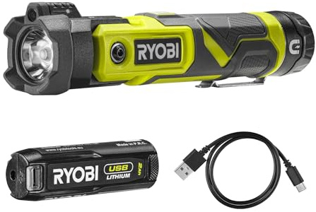 RYOBI RLP4-120G, Torcia Orientabile LED con Batteria al Litio 4V USB 2.0Ah, 3 Capacità di Illuminazione, Max Lumen 640, Fissabile su Superfici Metalliche, Leggera e Potente, Caricabatterie Incluso
