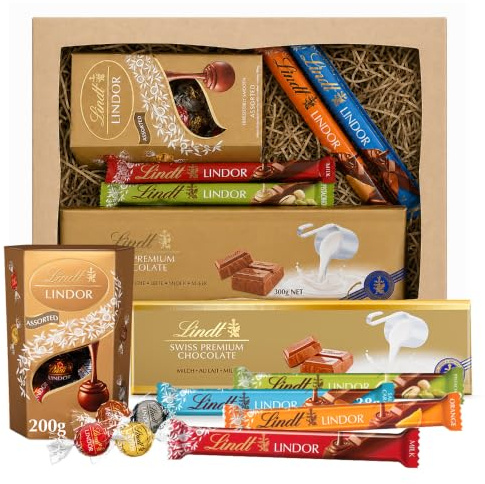 Lindt Chocolates Hamper for Birthday Gifts - Irresistible Smooth 4 x 38g Flavoured Chocolate Bars, Assorted Truffles 200g & Swiss Milk Giant Chocolate 300g Great Womens Gifts for Christmas