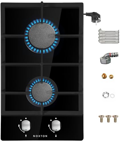 NOXTON Cocina de gas butano 2 fogones, 4750 W，Kit de conversión GLP/GNC，Placa de gas empotrada, Cristal templado, Soporte de hierro fundido, Enchufe