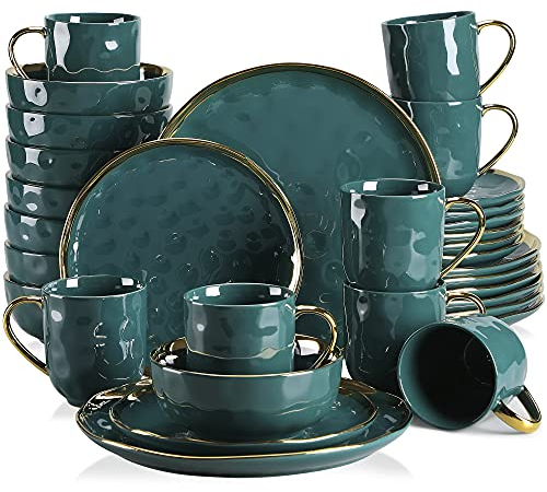 LOVECASA Serie Apollo Servizio di Piatti con Bordo Dorato Servizio Combinati in Gres Set di Stoviglie per 8 Persone, 32 Pezzi con 8 Ciotole, 8 Tazze, 8 Piatti da Dessert e 8 Piatti Piani Verde Scuro