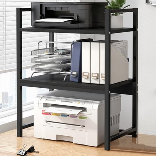 BAKAJI Scaffalatura Porta Stampante Salvaspazio in Acciaio e Legno, Mensola a 2 Ripiani con Piedini Anti Scivolo per Stampanti, Unità di Mensole Supporto da Ufficio Design Industrial (Nero + Nero)
