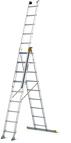 DRABEST - MAX Professionell stege i aluminium - 3 x 9 steg - halkfria stegpinnar - 5,3 m långa - upp till 150 kg - 3-delad - för byggarbetsplats - multifunktionell, trappa upp, utdragbar, hopfällbar