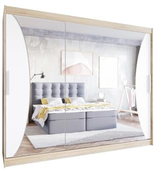 Easy4You LIV 250 cm Sonoma/Weiß Schiebetüren Kleiderschrank 250x215x58 cm mit Spiegel - Schlafzimmermöbel, Aufbewahrung - Mehrzweckschrank