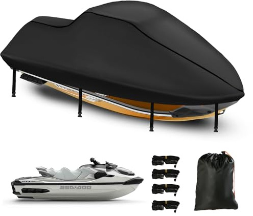 Jetski skydd vattentätt, 420D nanobeläggning jetski-överdrag, 2 ventilationsöppningar, 4 vindtäta spännen, utomhus vattentät (från motorbåt med längd 320–343 cm svart)