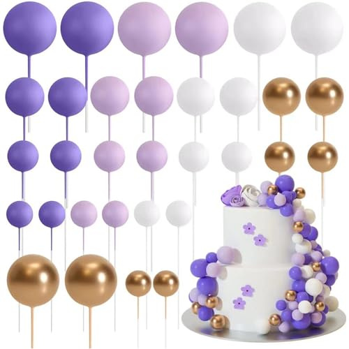 Ledeak 32 Piezas Bolas Decoración para Tartas, Adornos de Bolas para Pasteles Espuma Decoración, Topper Cake Bola Decoración de Inserción de Pastel para Cumpleaños Bodas (Morado, Blanco, Dorado)