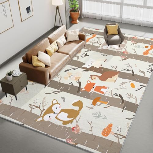 Wohnzimmer Teppiche 180 x 240 cm, Waschbarer Birkenwald Tier Fuchs Bedruckter Rechteckiger Läufer, Cartoon Design Rutschfester Dekorativer Teppich, Weiche Niedrigflor Läufer fürs Schlafzimmer