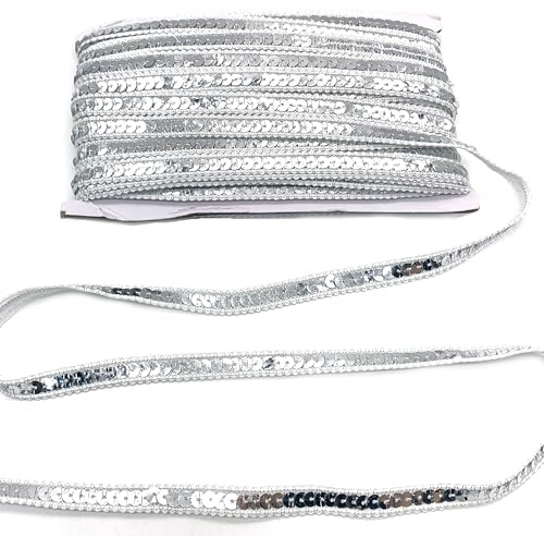 DHER 25 Meter langes Pailletten-Dekorband 12 mm Paillettenband | Glitzer Paillettenband Paillette Trim Bänder Pailetten Bordüre Stoff Paillettenbesatz, glitzerndes Paillettenband (Silber)