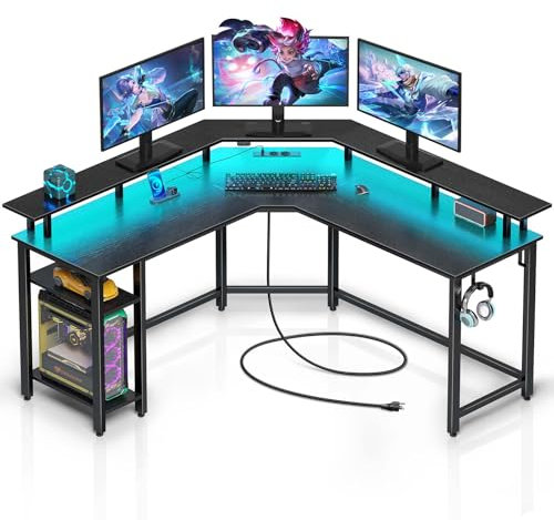 Rolanstar Schreibtisch L Form mit RGB-LED & Steckdosen, 135 cm Computertisch mit Monitorständer & Ablagefläche, Reversibler Eckschreibtisch mit 2 Haken, perfekt für Arbeitszimmer Schlafzimmer Büro