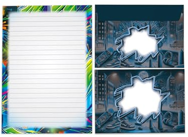 Briefpapier-Set Schreibblock liniert mit Umschlag für Mädchen Jungen Kinder Erwachsene Graffiti bunt (1 Block A5 mit 25 Blättern + 15 passend bedruckte Briefumschläge)