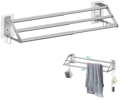 ZFOEFO Porte Serviette Murale Salle de Bain, 3 Etages Porte Serviette Salle de Bain, Extensible 34.5-62CM, Barre Porte-Serviettes en Acier Inoxydable avec 4 Crochets, 2 Méthodes d'installation