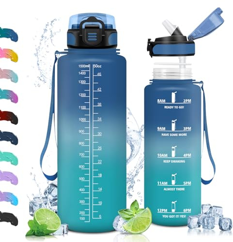 Vikaster Sport Trinkflasche, Trinkflasche mit Strohhalm 1.5L, Wasserflasche BPA-Free, Leak-Proof, Sportflasche für Camping, Yoga, Gym, Outdoors, Blaugrün-1500ml