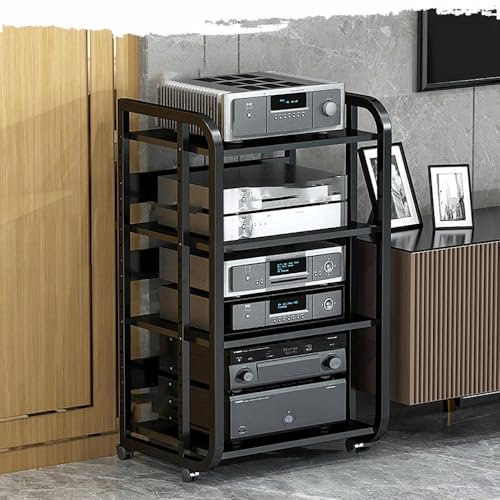 Medienregal mit 4 Ebenen, verstellbare Regale und Räder, schwarzer AV-Ständer für Gaming und Aufnahmeraum, Audio-Stereo-Regal mit Konsolenkomponentenschrank, 50 x 42,5 x 90 cm