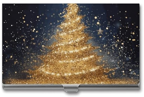 QMNVBDS Goldener Glitzer Weihnachtsbaum Visitenkartenhalter Slim Visitenkartenetui für Damen Herren Metall Visitenkartenbox Visitenkartenhalter für Tasche Geldbörse Kleine Visitenkartenetui