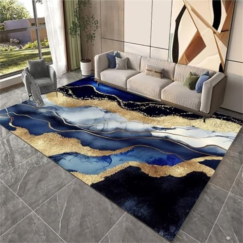 AITROMNI Vorleger Teppich Reinigung Blaue Tinte Malerei Design gelbe Kurve Dekoration waschbar Auslegware Teppichboden 140X300CM