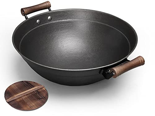 Wok en fonte, poêle à frire, fonte de fer peu profonde, wok concave, wok à fond rond à double oreille, wok épais non couché ménage avec couvercle de bois-32 cm Wok (34 cm) (34 cm) Learned extensively