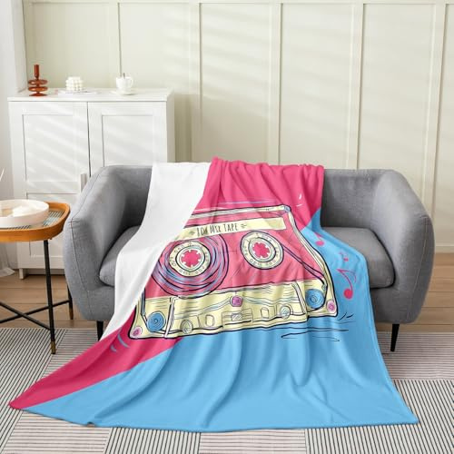 Erosebridal 80S Party Tape Fleece Blanket 40x50,Cartoon Audio Cassette Throw Blanket for Girls Boys Child,Vintage Pink and Blue Music Themed Flannel Blanket,Musical Melody Fuzzy Blanket