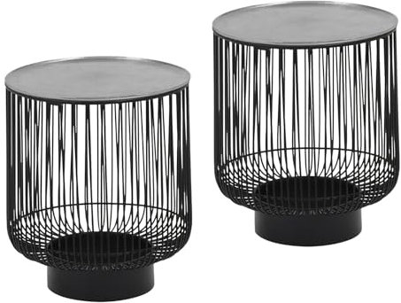 meineWunschleuchte Couchtisch 2er Set Korbtische Metallgestell Schwarz Tischplatte Silber, Höhe 46cm