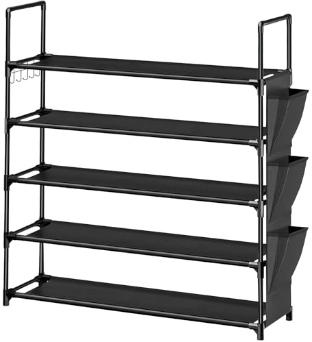 LUKVCIY 5-Tier Shoe Rack, Non-Woven Organiser with Side Pockets, Black | Galvanised steel frame, snap-fit no tools, 83x28cm, 20-25 pairs, detachable adjustable, hallway bedroom entrance