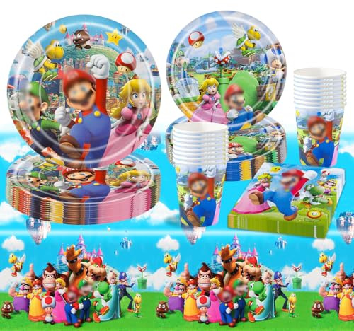 Super Bros Pappteller Kindergeburtstag Party Deko- Mari Geburtstag Geschirr Set Geburtstagsdeko Super Brothers Partygeschirr Tischdecke Pappteller Teller Servietten Tassen Party Supplies Tableware