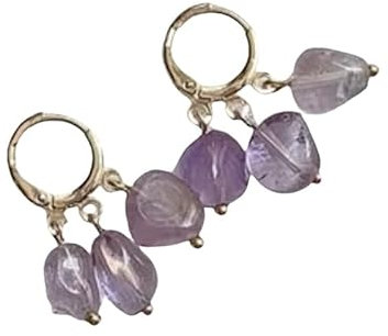Pendientes De Borla con Cuentas De Piedra De Cristal Natural Irregulares, Pendientes De Aro Colgantes Pequeños De Cristal Morado para Mujeres Y Niñas, Joyería Delicada, Regalos para Ella