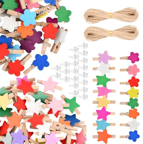 Luxvara 100 Stück Mini Holzklammern, Bunte Stern Blumen-Motiv Deko-Klammern, Wäscheklammern aus Naturholz, Deko Klammern mit Juteschnur Klebenägel für Fotowand, Hochzeit, DIY Bastelarbeiten