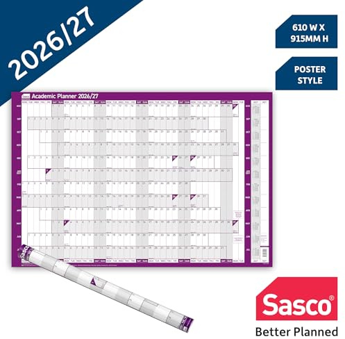 Sasco 2026/27 Academic Year Wall Planner – Poster Style Calendar with Wet Wipe Pen & Stickers, 91.5x61cm, Purple – 2026 Calendar UK & ROI Holidays Marked – Designed for Teachers and Students