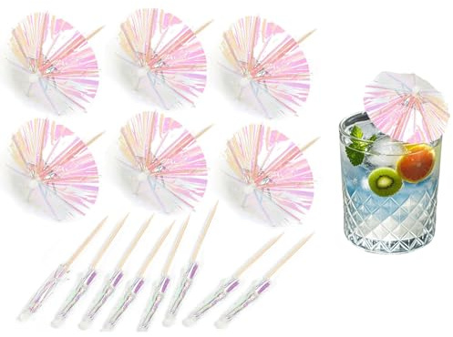 Cocktail Umbrellas - Homiladi 50Pcs Laser Pink Mini Umbrella for Drinks | Premium Paper Drink Accessories Set | Cake Decorating Kit & Party Supplies, Tropical Fruit Toppers